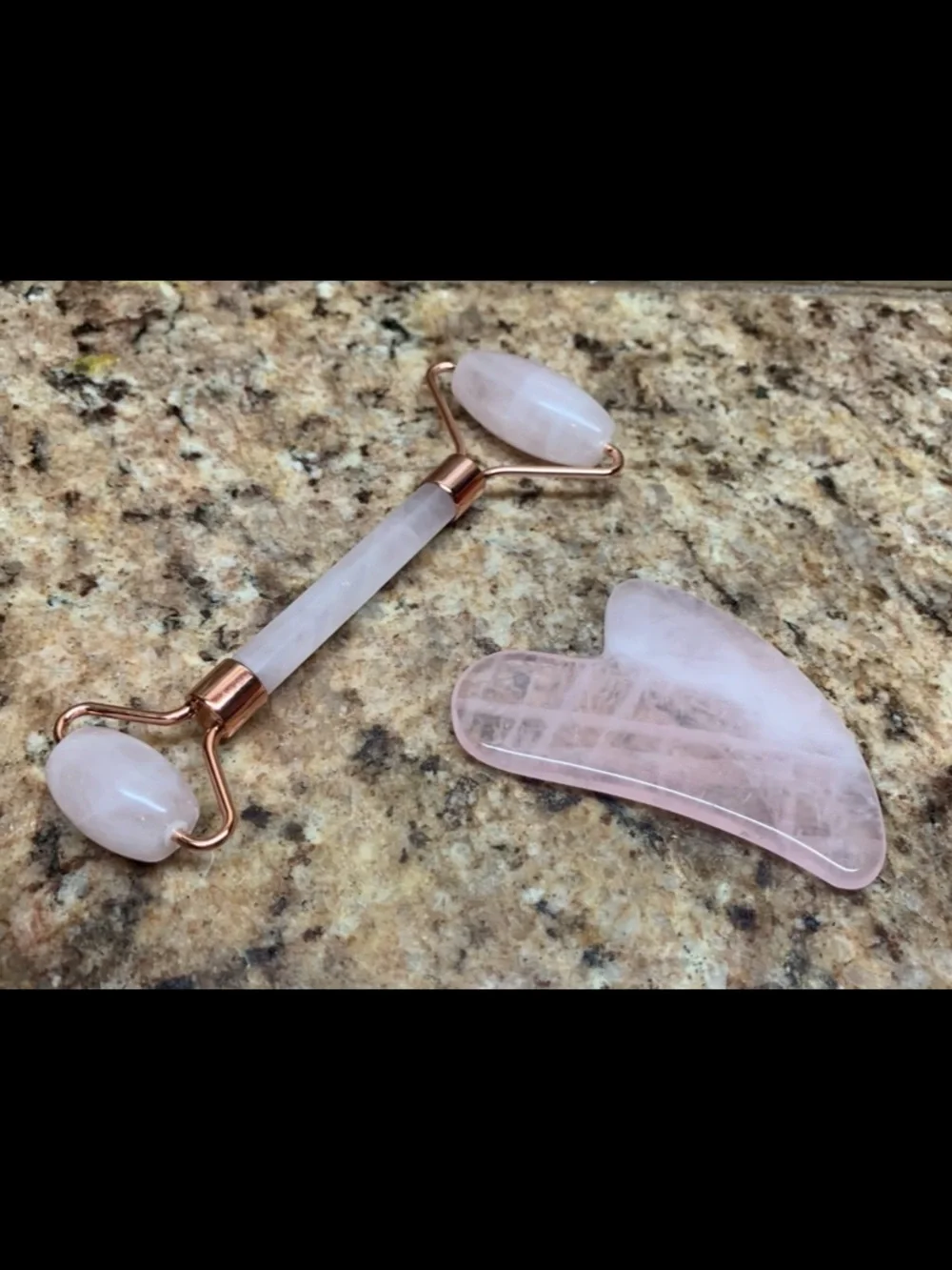 Authentic Natural Rose Quartz Crafted Roller and Contoured Gua Sha Tool.